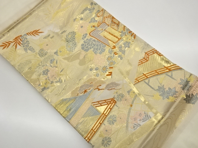 JAPANESE NAGOYA OBI / WOVEN CARRIAGE & MANSION